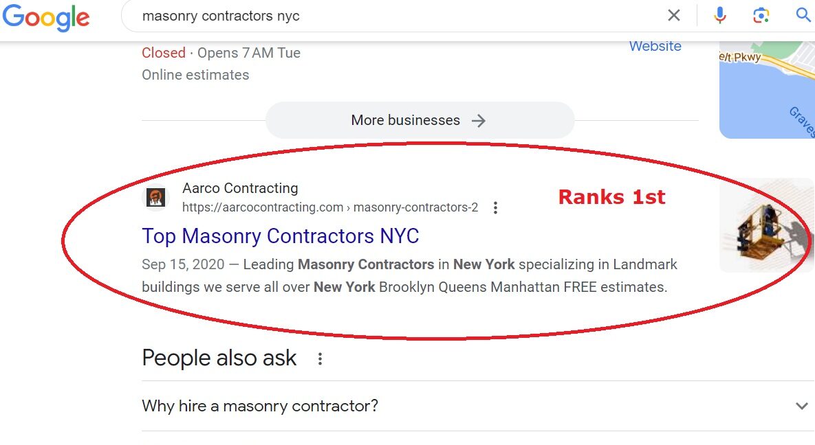 Screenshot showing client Aarco Contracting ranking 1st on Google for a key service-related term